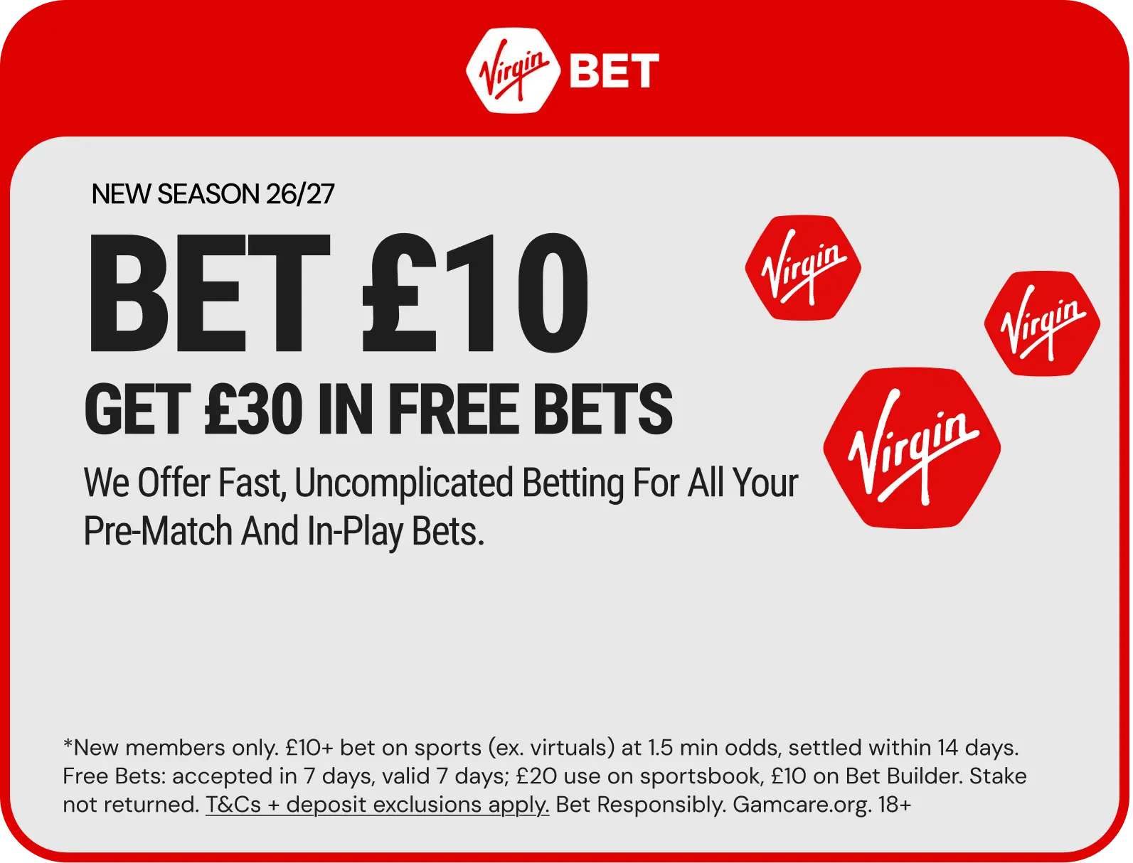 Virgin Bet offer — Bet £10 get £30 in free bets